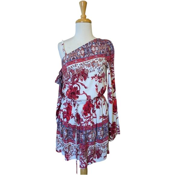 Free People Nomad Dress XS Red Cream One Shoulder Mini Bell Festival Party - Picture 2 of 9